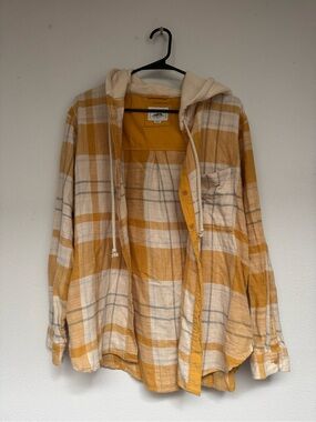 American Eagle Outfitters Mustard and Cream Plaid Button-Down Shirt with Hood